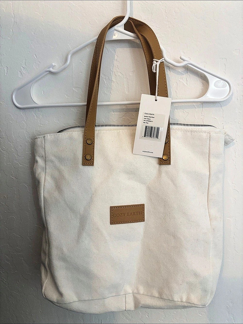 Cozy Earth Canvas Zippered Tote Bag White & Brown